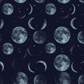 Seamless pattern with various phases of the moon, including full, crescent, and Royalty Free Stock Photo