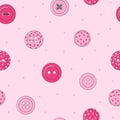 Seamless pattern with various pink clothing buttons on a pink background.