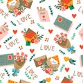 Seamless pattern with various romantic letters, post, envelopes and flowers. Vector illustration for saint valentineÃ¢â¬â¢s day