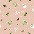 Seamless pattern with various school supplies on a beige background. Vector illustration in flat style. Royalty Free Stock Photo