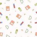 Seamless pattern with various school supplies on a white background. Vector illustration in flat style. Royalty Free Stock Photo