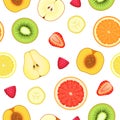 Seamless pattern with various sliced ripe fresh fruits and berries