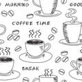 Seamless pattern with various smoking cup of coffee with coffee beans, doodle illustration with handwritten text coffee Royalty Free Stock Photo
