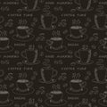 Seamless pattern with various smoking cup of coffee with coffee beans, doodle illustration with handwritten text coffee Royalty Free Stock Photo