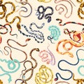 Seamless pattern with various snakes or serpents on light background. Backdrop with dangerous exotic reptiles. Colorful