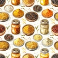 Seamless Pattern of Various Spices and Grains in Bowls and Jars Royalty Free Stock Photo