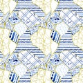 Seamless pattern of various splitted fragments - Kintsugi concept, patchwork with gold cracks and blue ornament