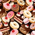 Seamless pattern with various sweets (cakes, cupcakes, donuts, and candies). Vector illustration
