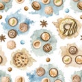 Watercolor seamless pattern with various sweets