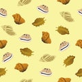 Seamless pattern various tropical seashells on yellow background, vector eps 10 Royalty Free Stock Photo