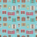 Seamless pattern with various type house window frame and balconies