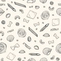 Seamless pattern with various types of raw pasta hand drawn with black contour lines on white background - farfalle