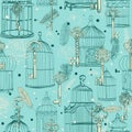 Seamless pattern of various vintage keys and cages