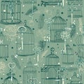 Seamless pattern of various vintage keys and cages
