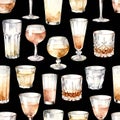 A seamless pattern of various watercolor illustrations of different types of cocktail and beverage glassis. Royalty Free Stock Photo