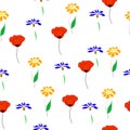 Seamless pattern with various wildflowers on white background. Simple small wild flowers girly print, vector eps 10 Royalty Free Stock Photo
