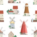 Seamless pattern with various windmills on white background. Backdrop with mills with rotating sails or blades. Colorful Royalty Free Stock Photo