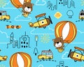 Seamless pattern vector of bear cartoon on hot air balloon, car, plane and buildings. Transportation elements Royalty Free Stock Photo