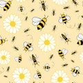 Seamless pattern vector bees with flowers on yellow background