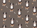 Seamless pattern with vector big cute cartoon Bernese mountain dog sitting and smiling on dark background. Domestic Royalty Free Stock Photo