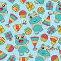 Seamless pattern vector cartoon with cute baby hippo, cake, gifts and hat on blue background suitable for kid wallpaper