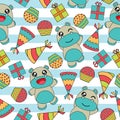 Seamless pattern vector cartoon with cute baby hippo, cake, gifts and hat on striped background suitable for kid wallpaper Royalty Free Stock Photo