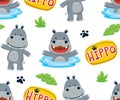 Seamless pattern vector of cartoon funny hippo, safari elements illustration