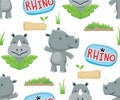 Seamless pattern vector of cartoon funny rhino, jungle elements illustration Royalty Free Stock Photo