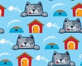 Seamless pattern vector of cartoon kitten with pet elements illustration Royalty Free Stock Photo