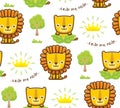 Seamless pattern vector of cartoon lion and lioness with crown and trees Royalty Free Stock Photo
