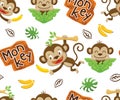 Seamless pattern vector of cartoon monkey with banana, forest element illustration Royalty Free Stock Photo