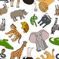 Seamless pattern of vector cartoon outline Savannah animals. Tiger lion rhinoceros, common warthog, African buffalo, tortoise