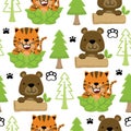 Seamless pattern vector of cartoon tiger with bear playing hide and seek in jungle Royalty Free Stock Photo
