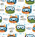 Seamless pattern vector of cat and frog wearing diving goggles with fish and bubble water