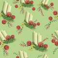 Seamless pattern.Vector. Christmas candles surrounded by pine branches of Christmas balls.