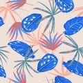 Seamless pattern vector, colorful tropical  leaves and plant in the wild forest sweet pastel summer design for fshion,fabric,web, Royalty Free Stock Photo