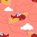 Seamless pattern vector of cute little airplane cartoon hand drawn vector illustration. For fabric textile, nursery, baby clothes Royalty Free Stock Photo