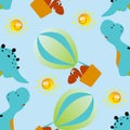 Seamless pattern vector of dinosaur flies in the sky on an  air balloon. Creative vector childish background for fabric, textile, Royalty Free Stock Photo