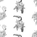 Seamless pattern. Vector drawing bird Flamingo, Tukan with blooming flowers. Tropical concept. flower concept.