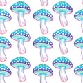 Seamless pattern. Vector flat fly agaric mushroom white background. amanita