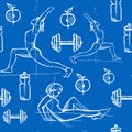 Seamless pattern with vector flat illustration. Women sports, yoga and physical exercises.1