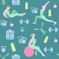 Seamless pattern with vector flat illustration. Women sports, yoga and physical exercises.2