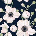 Seamless pattern with anemone on dark background.