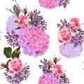 Seamless pattern vector floral watercolor style design: garden powder white pink roses bud, hydrangea and lilac. Royalty Free Stock Photo