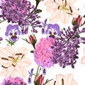 Seamless pattern vector floral watercolor style design: garden powder white pink roses bud, hydrangea, lilies, viola. Royalty Free Stock Photo