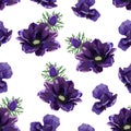 Seamless pattern Vector floral watercolor style design: garden violet Anemone flower branch with greenery leaves. Royalty Free Stock Photo
