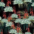 Seamless pattern vector floral watercolor style design: succulent in bloom with orange flowers and palms Royalty Free Stock Photo