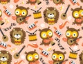 Seamless pattern vector of funny animals cartoon with musical instruments, owl and hedgehog play music Royalty Free Stock Photo