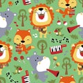 Seamless pattern vector of funny animals cartoon playing music instrument, musical elements illustration