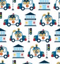 Seamless pattern vector of funny animals driving police car with traffic cop elements cartoon